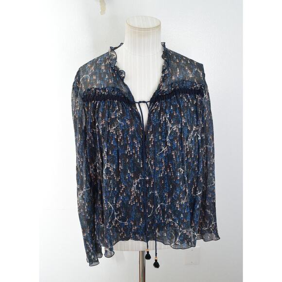 See By Chloe Blouse Womens 38 Tie Die Boho Long Sleeve V Neck Tie Sax Dark Navy - Picture 1 of 6